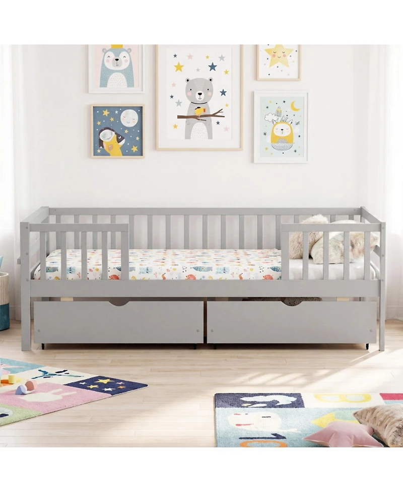 Sugift Full Size Wooden Daybed with Fence Guardrails and 2 Storage Drawers
