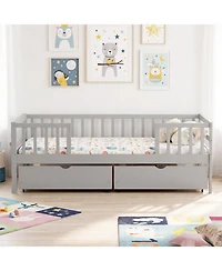 Sugift Full Size Wooden Daybed with Fence Guardrails and 2 Storage Drawers