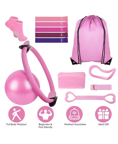 Sevorley 14-Piece Pilates Kit with Ring, Ball, 5 Resistance Bands, Yoga Strap, Non-Slip Socks and Carry Bag