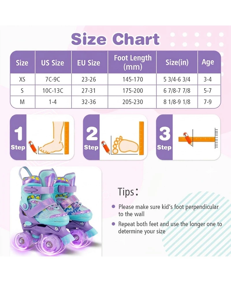 Sugift 4 Sizes Adjustable Kids Roller Skates with Light-up Wheels and Safety Protection