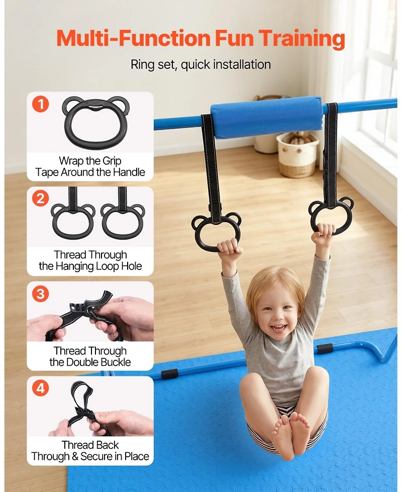 Sugift Kids Folding Gymnastic Kip Bar With Mat 140 lbs Capacity 5-Level Adjustable Height 36-52 in