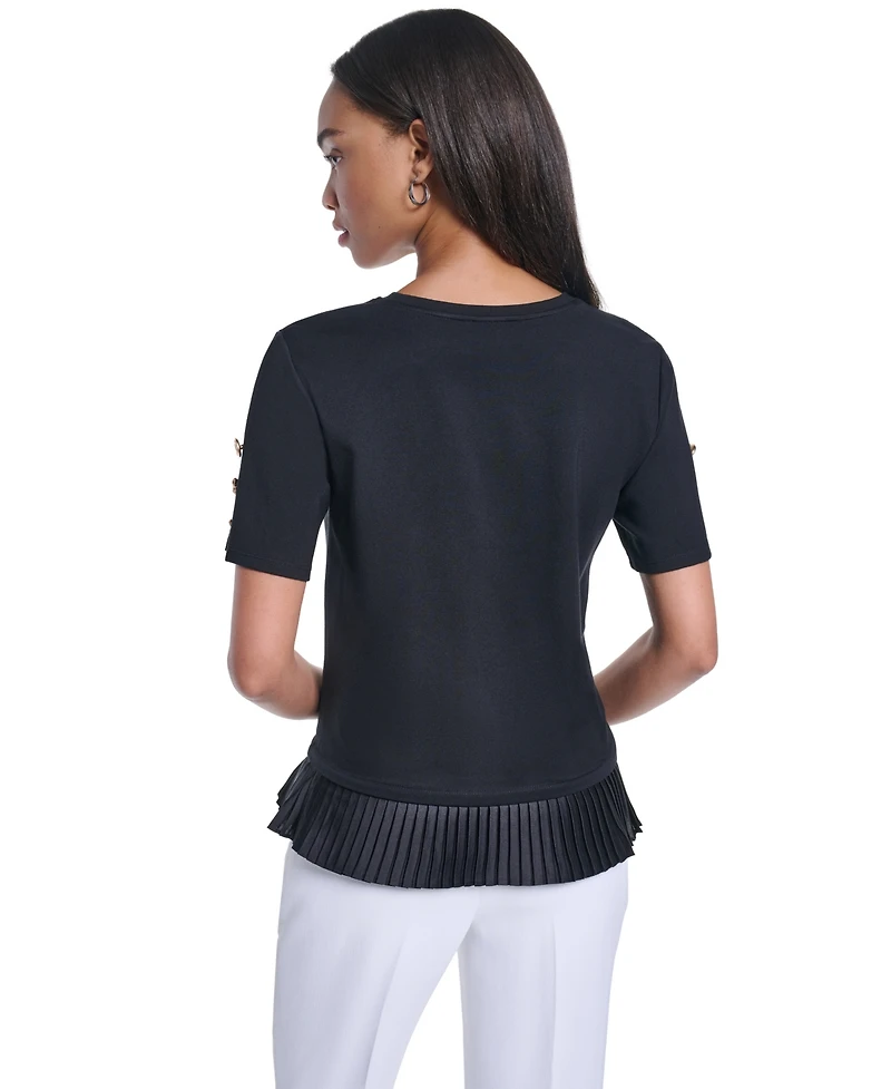 Karl Lagerfeld Paris Women's Crewneck Short-Sleeve Pleated-Hem Blouse