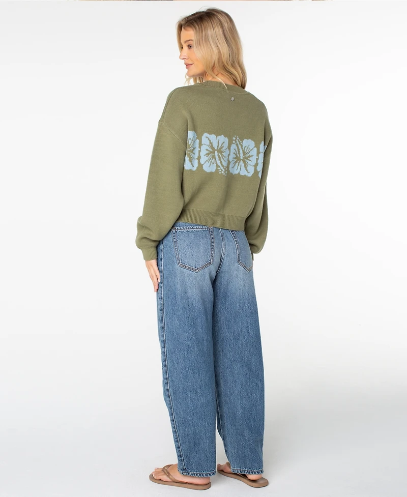Roxy Women's Hibiscus Harmony Long-Sleeve Crop Floral Sweater