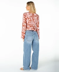 Roxy Women's Night Sky Long Bell-Sleeve V-Neck Floral-Print Crop Top