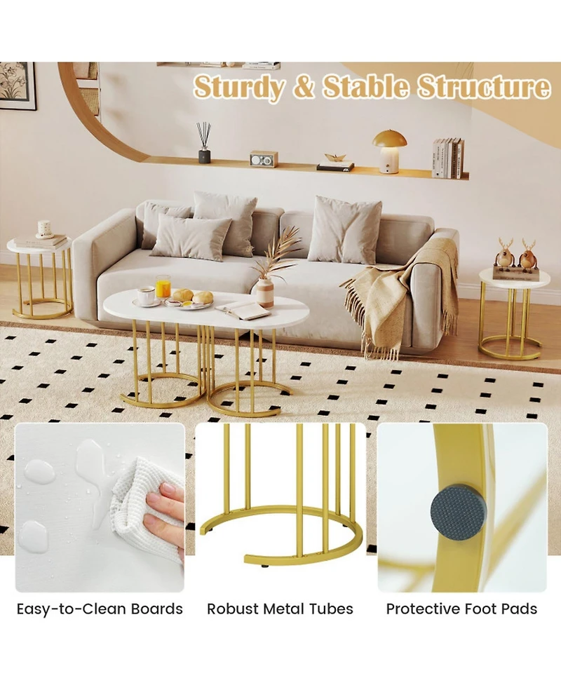 Sugift Nesting Coffee Table Set of 3 with Faux Marble Tops and Powder-Coated Metal Frame