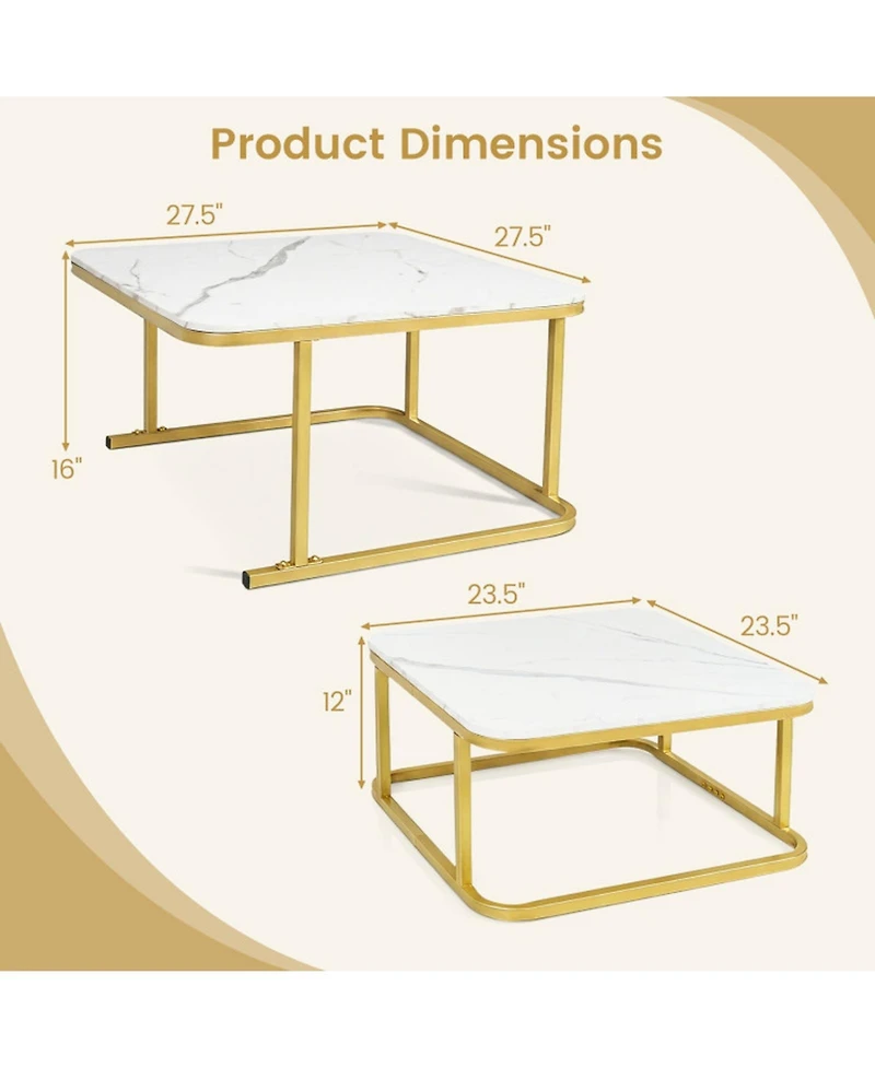 Sugift Nesting Coffee Table Set of 2 with Faux Marble Tops and Metal Frame