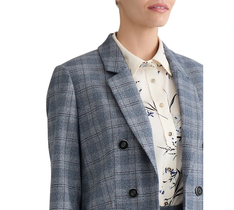 Jones New York Plus Faux Double-Breasted Plaid Patch-Pocket Blazer
