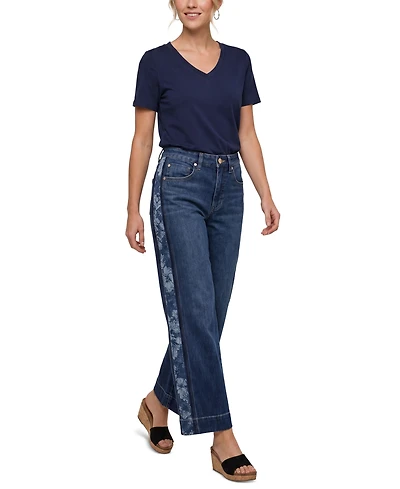 Liverpool Los Angeles Petite Stride High-Waisted Floral-Jacquard Wide-Leg Jeans