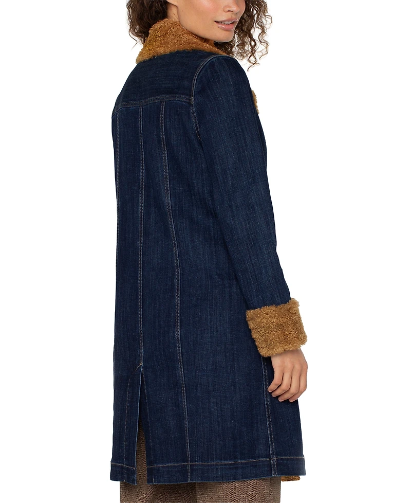 Liverpool Los Angeles Petite Sherpa Notch-Collar Denim Jacket