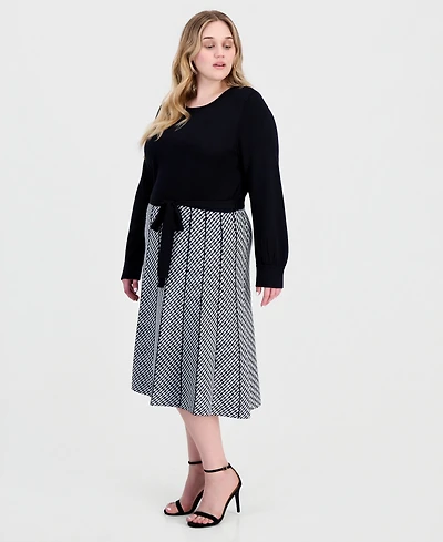 Robbie Bee Plus Combo Skirt Long-Sleeve Knit Midi A-Line Dress