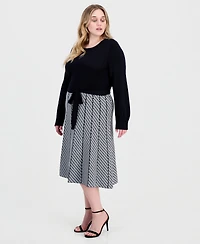 Robbie Bee Plus Combo Skirt Long-Sleeve Knit Midi A-Line Dress