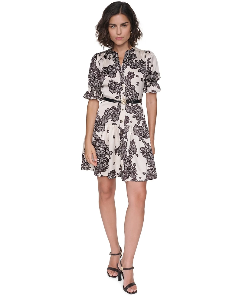 Karl Lagerfeld Paris Petite Floral-Print A-Line Belted Shirt Dress