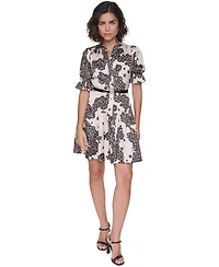 Karl Lagerfeld Paris Petite Floral-Print A-Line Belted Shirt Dress