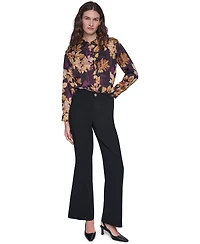 Karl Lagerfeld Paris Petite Gold Floral Printed Long-Sleeve Satin Blouse