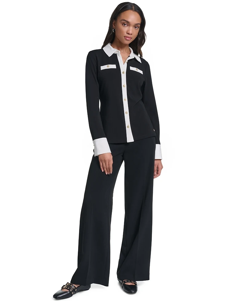 Karl Lagerfeld Paris Petite Long-Sleeve Colorblock-Knit Blouse