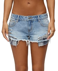 Edikted Women's Catrine Low-Rise Distressed Plaid Denim Shorts, 2" Inseam