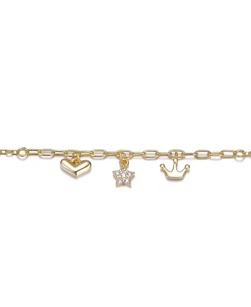 14K Gold Plated with Clear Cubic Zirconia Heart, Star, & Crown Charm Anklet