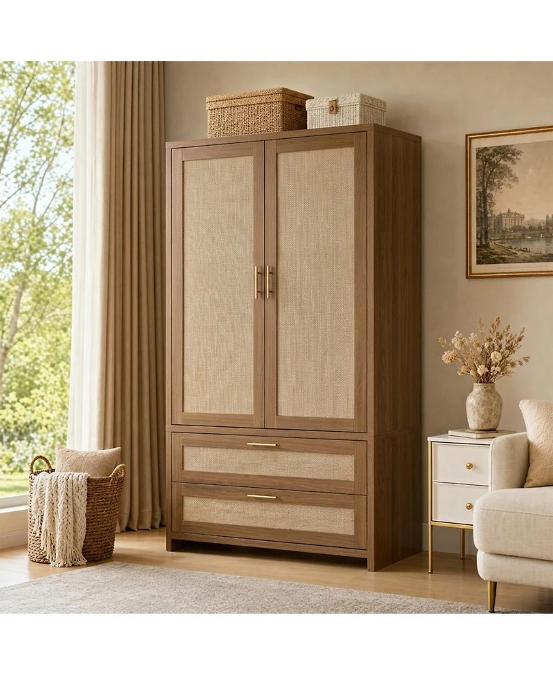 homfan Boho Rattan Wardrobe with Hanging Rod and Drawers