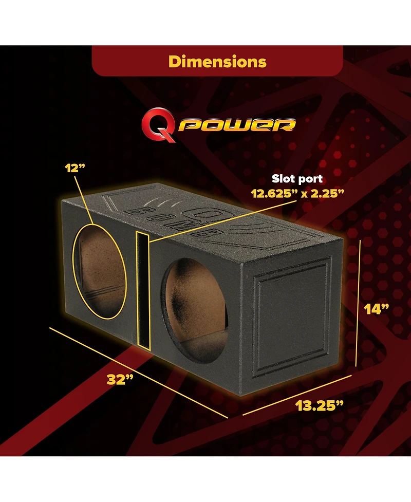 QPower QBOMB12V Dual 12" Vented Ported Subwoofer Sub Box with Bedliner Spray