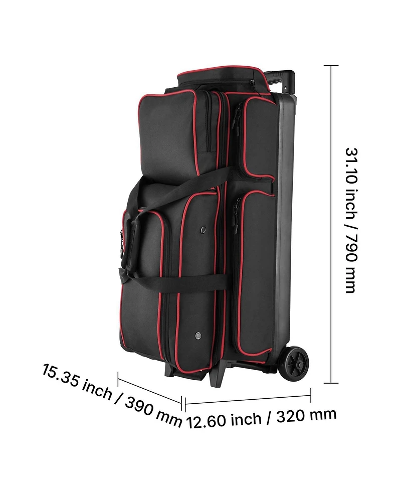 Sugift 3 Ball Double Roller Bowling Bag with Wheels Shoe Compartment for Up to Us Size 16 Handle 41.34 in