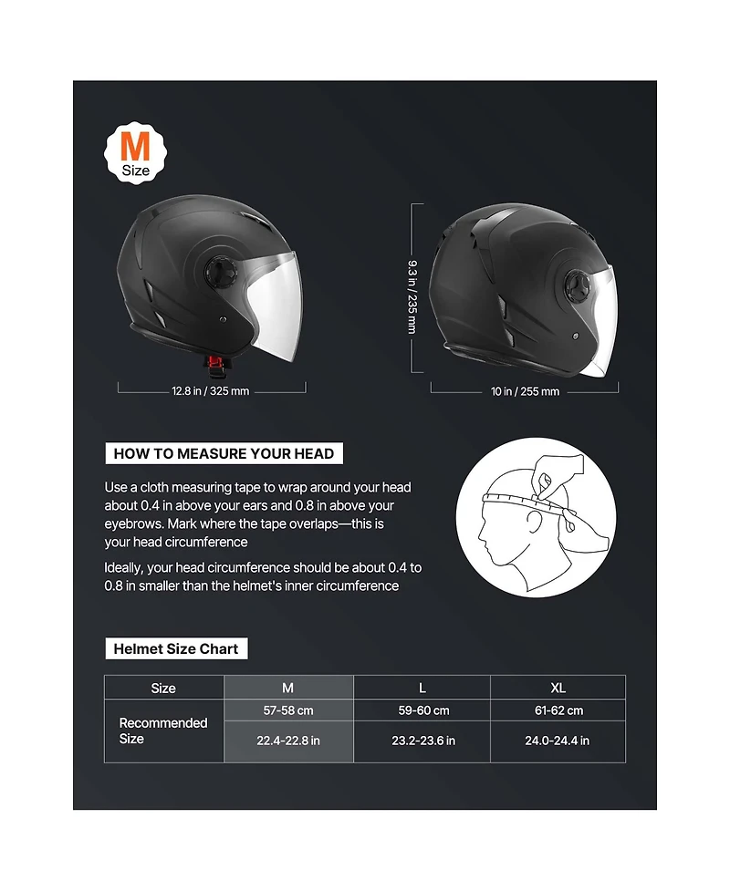 Adult 3/4 Open Face Motorcycle Helmet with Clear Visor Detachable Liner Dot Approved Size Medium