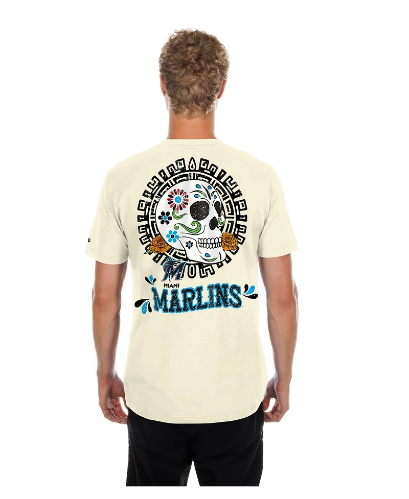 New Era Men's Natural Miami Marlins Dia de los Muertos Sugar Skull T-Shirt