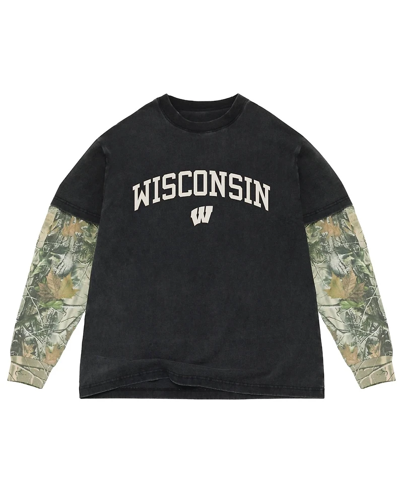 Uscape Apparel Men's Black/Camo Wisconsin Badgers Back Bay Twofer Heavyweight Long Sleeve T-Shirt