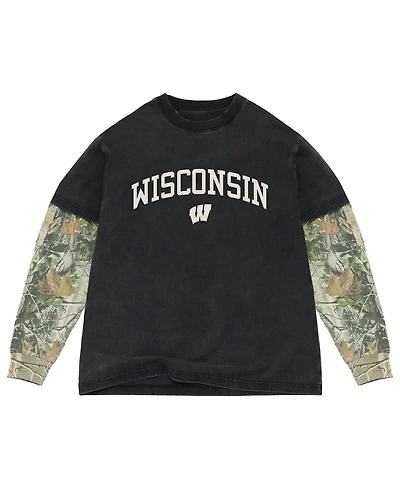 Uscape Apparel Men's Black/Camo Wisconsin Badgers Back Bay Twofer Heavyweight Long Sleeve T-Shirt