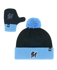 '47 Brand Toddler Black Miami Marlins Bam Cuffed Pom with Knit Hat Mittens Set