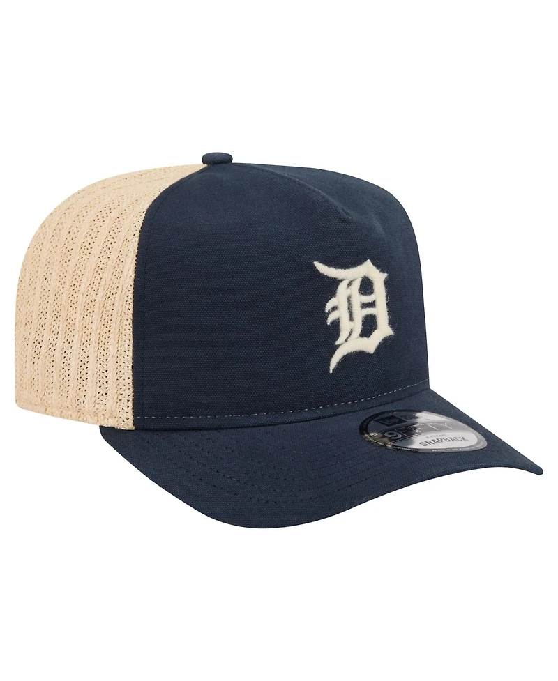 New Era Men's Navy/Natural Detroit Tigers Grained 9FIFTY A-Frame Trucker Adjustable Hat