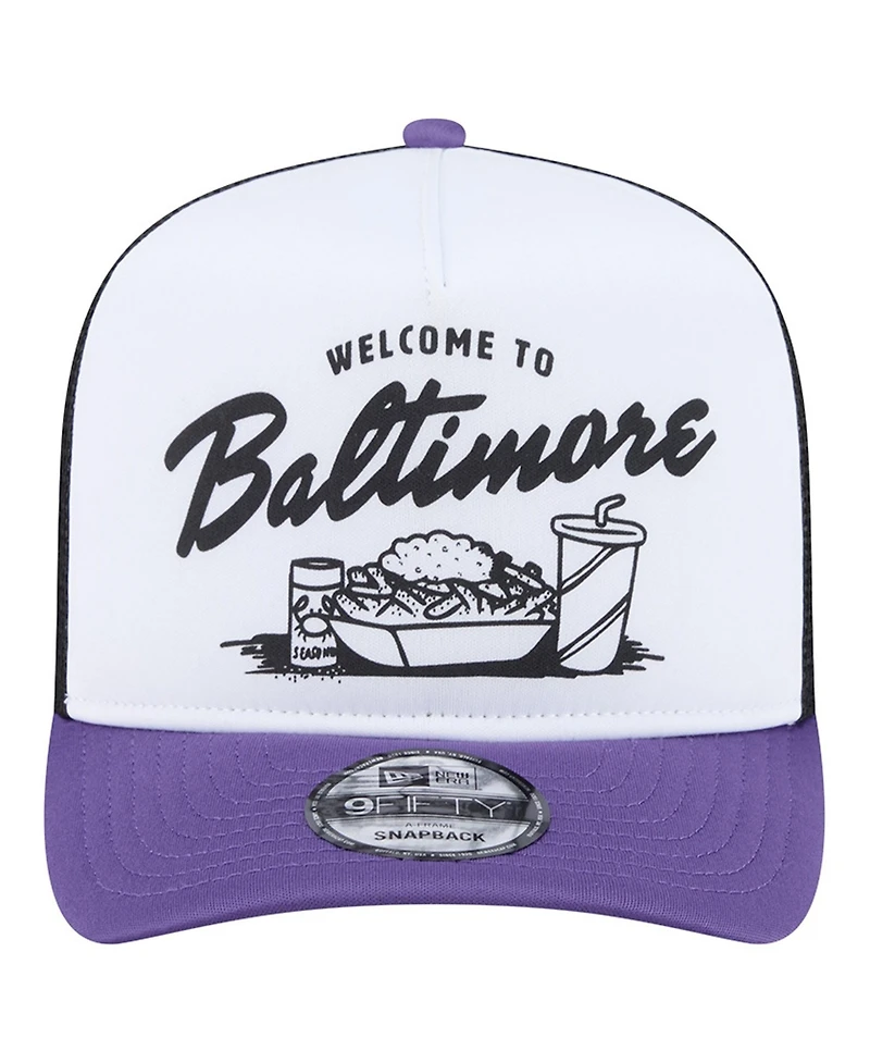New Era Men's White/Purple Baltimore Ravens Foodie 9FIFTY A-Frame Trucker Snapback Hat