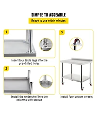 Hongge Rolling Stainless Steel Prep Table with Adjustable Undershelf