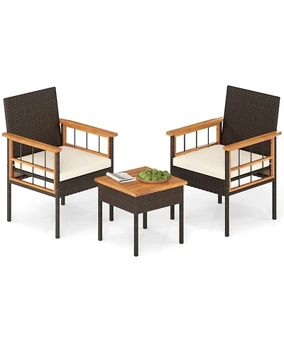 Gouun 3-Piece Wicker Bistro Set with Acacia Wood Tabletop and Armrests for Balcony