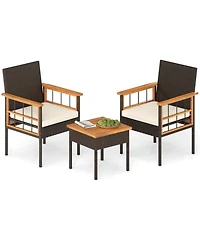 Gouun 3-Piece Wicker Bistro Set with Acacia Wood Tabletop and Armrests for Balcony