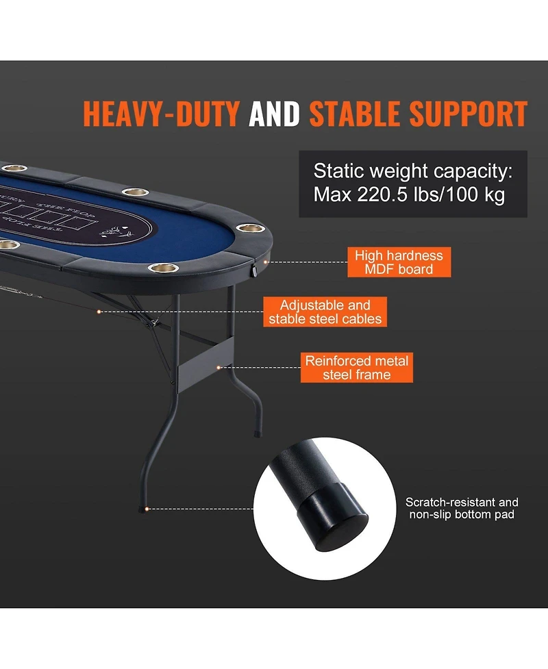 Slickblue Portable 8-Player Poker Table with Folding Design, Padded Rails and Cup Holders