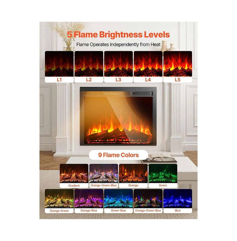 Slickblue Recessed Electric Fireplace Insert Wall Mounted Heater with Adjustable Flames