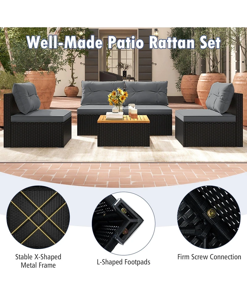 Gouun 5-Piece Outdoor Wicker Seating Set with Acacia Wood Coffee Table