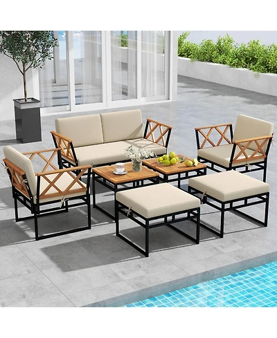 Gouun 7 Piece Outdoor Patio Conversation Set with Bungee Rope Seats, Acacia Wood Accents and Cushions