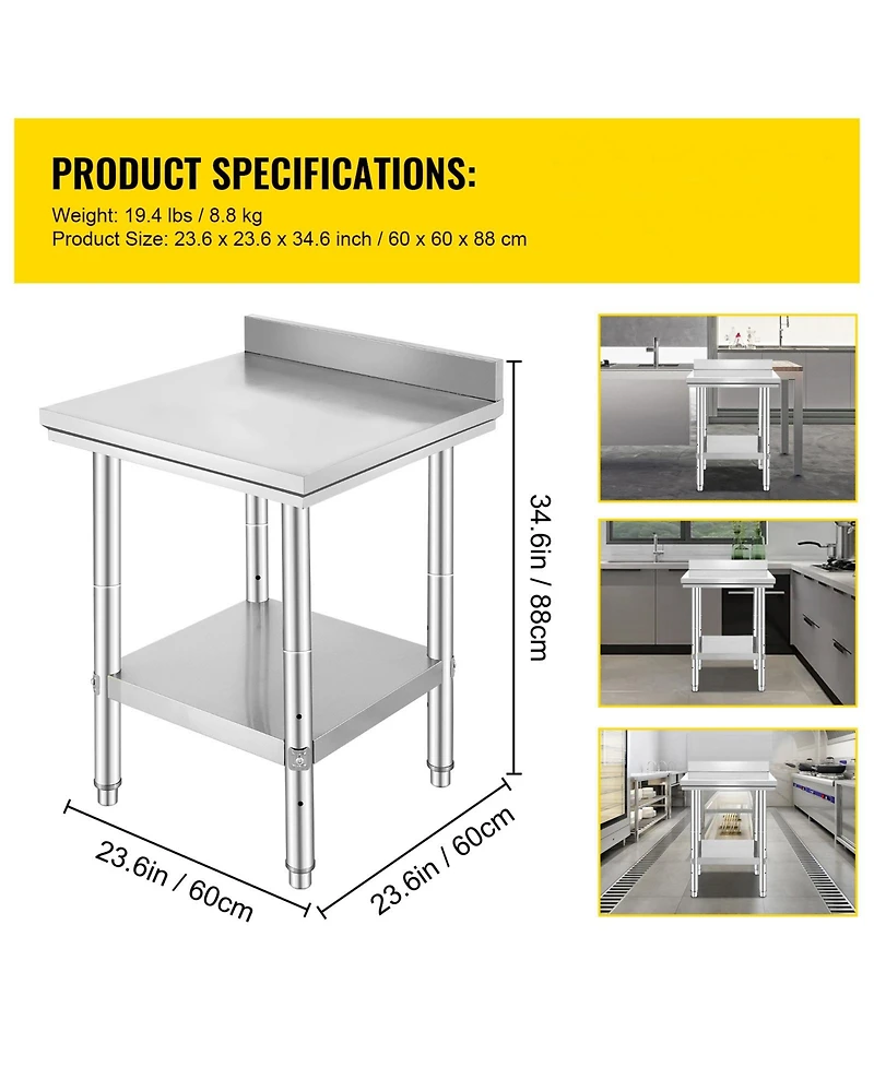 Hongge 24 x 24 in Stainless Steel Prep Table with Adjustable Undershelf