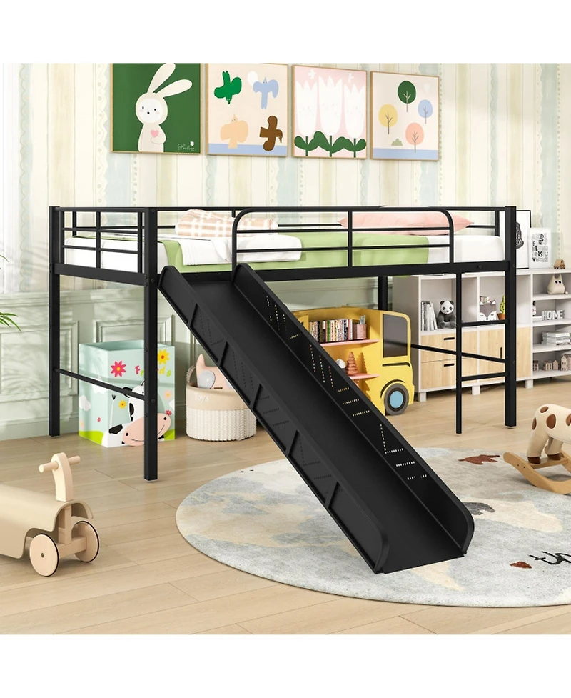 Gouun Twin Metal Loft Bed for Kids with Slide and Built-in Ladder