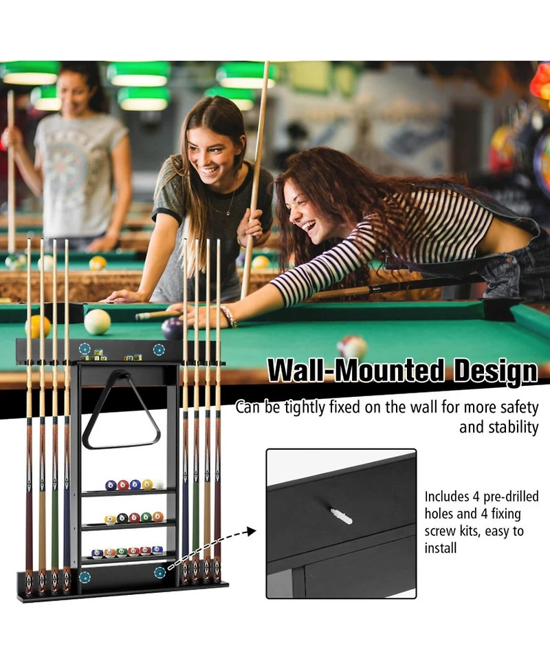 Gouun Wall-Mounted Solid Pine Billiards Cue Rack with Ball Storage
