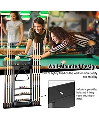 Gouun Wall-Mounted Solid Pine Billiards Cue Rack with Ball Storage