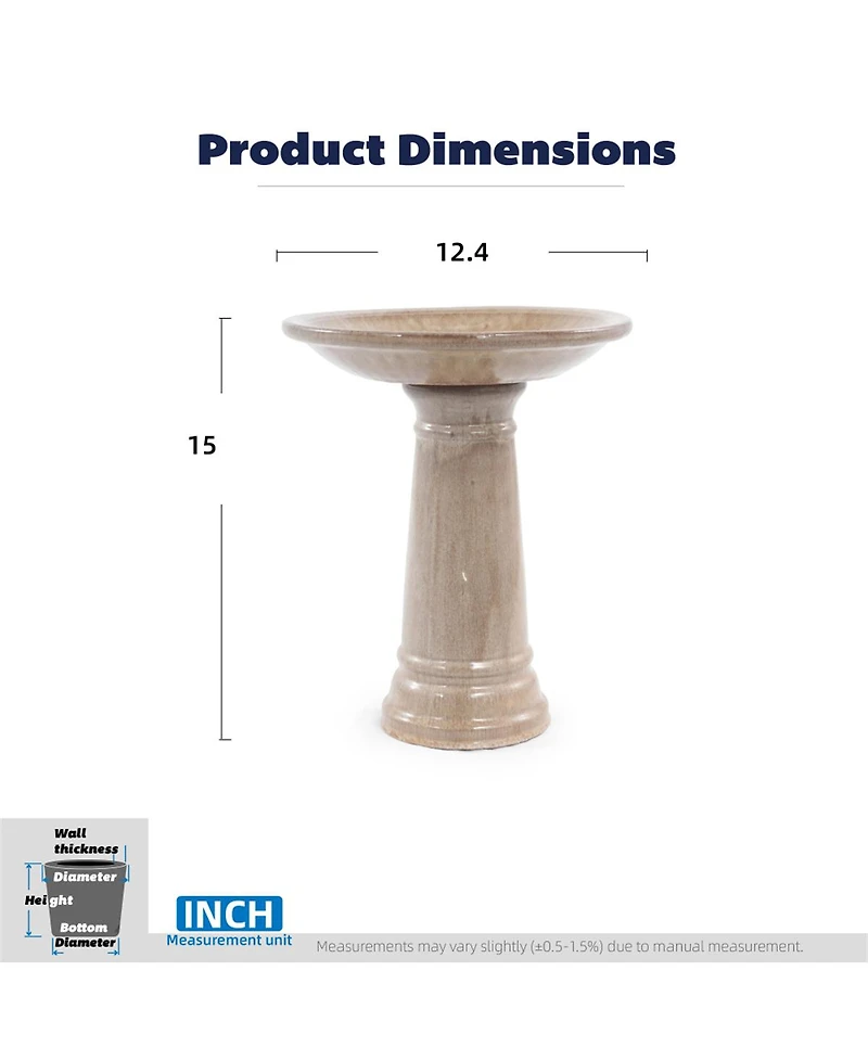 Yobtop Ceramic Bird Bath Outdoor - 12.4" Diameter Pedestal Birdbath, Backyard Patio Yard Wild Bird Water Feeder Decor