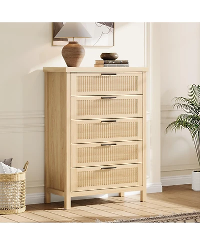 homfan 42.9" Tall Fluted 5-Drawer Dresser, Wooden Clothes Storage Organizer and Tv Stand for Bedroom, Wood Color