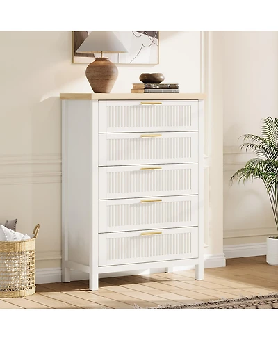 homfan 42.9" Tall Fluted 5-Drawer Dresser, Wooden Clothes Storage Organizer and Tv Stand for Bedroom