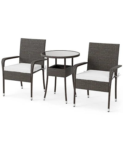 Gouun 3-Piece Outdoor Wicker Bistro Set with High-Back Chairs and Glass Table