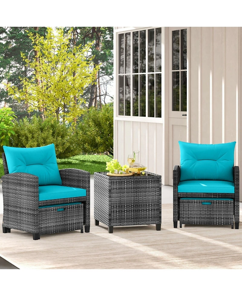 Gouun 5-Piece Patio Rattan Furniture Set with 2 Ottomans and Tempered Glass Table