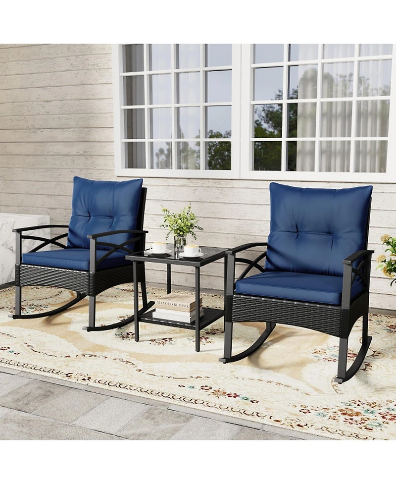 Gouun 3-Piece Outdoor Rattan Rocking Chair Set with 2-Tier Side Table