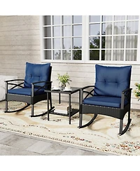 Gouun 3-Piece Outdoor Rattan Rocking Chair Set with 2-Tier Side Table
