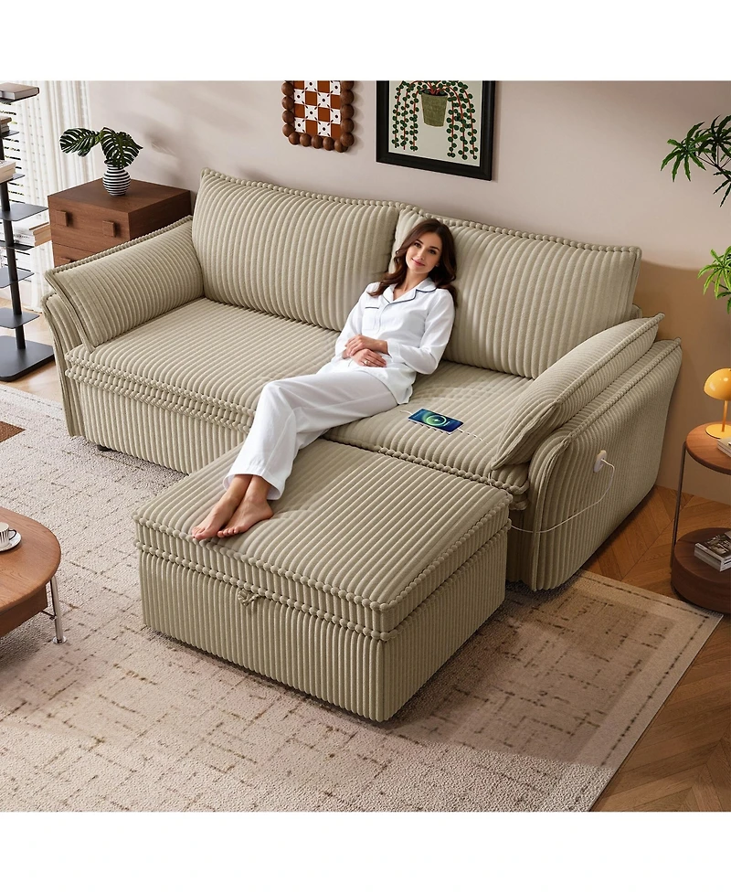 Lucky One 85" Convertible Sleeper Sofa Bed, 2-in-1 Plush Pull Out Couch with Storage Ottoman, Hidden Storage, Usb Charging Ports, 2 Pillows